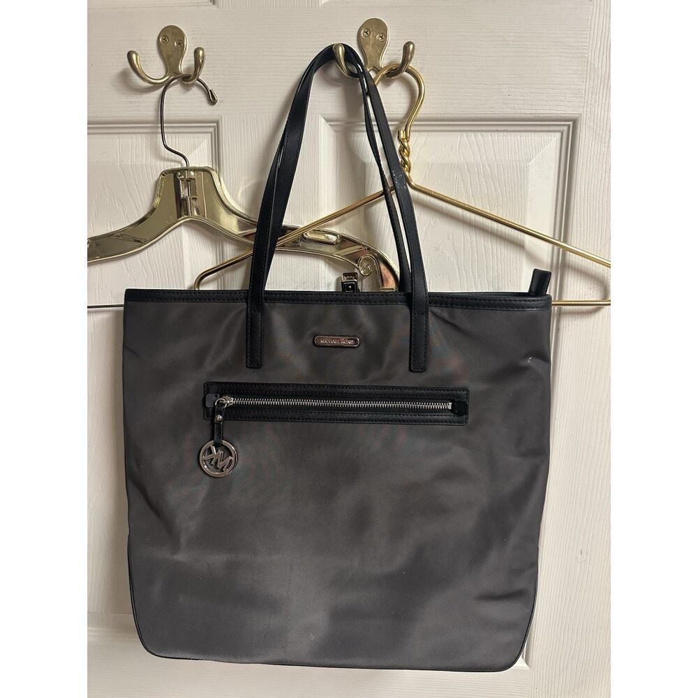 Michael Kors Kempton gray Olive Nylon Med Tote Bag Purse Stain Leather Trim